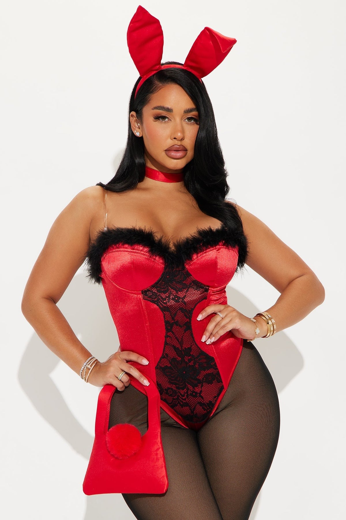 Womens Strapless Bunny Bodysuit Costume with Matching Ears Headband and Bowtie