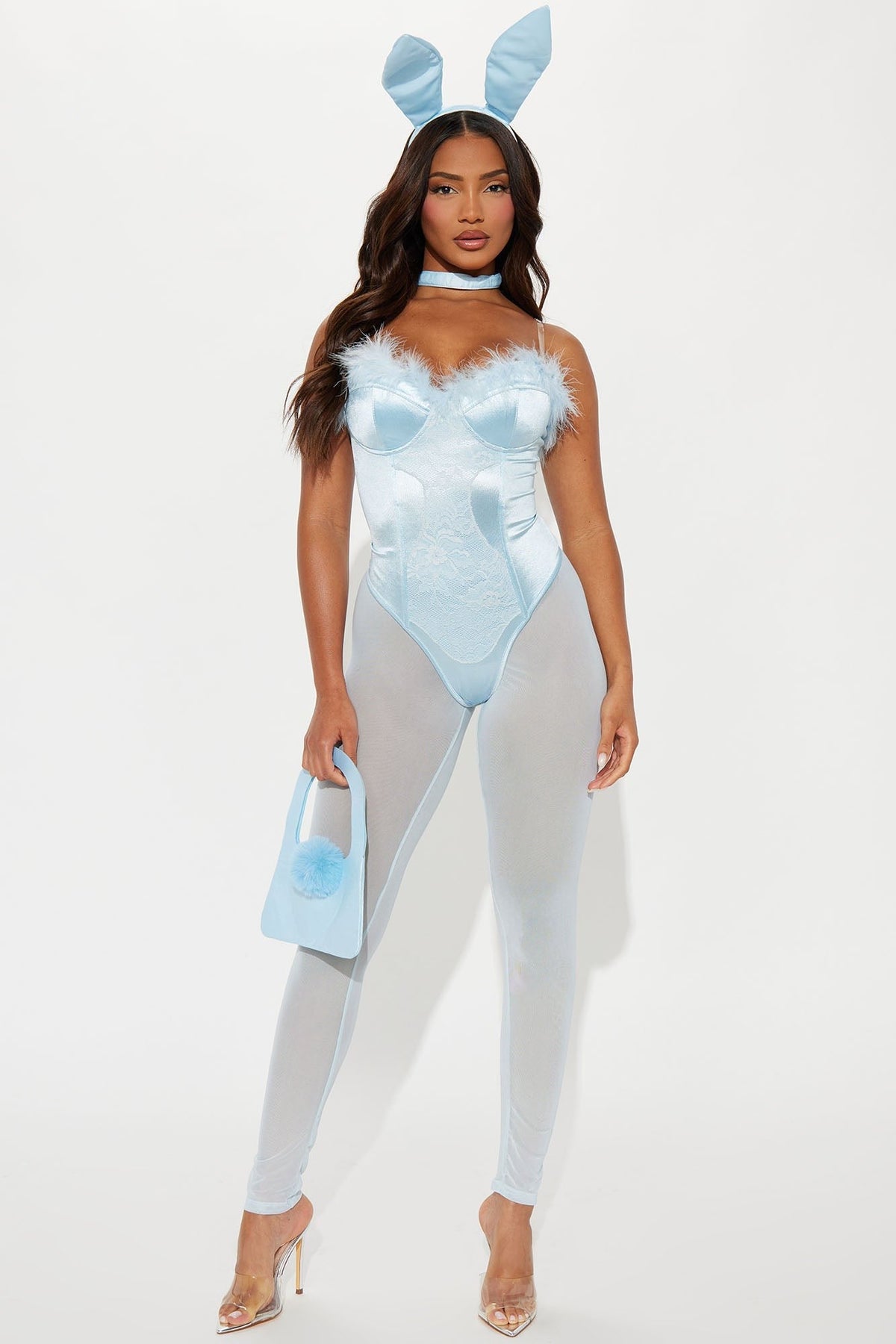 Womens Strapless Bunny Bodysuit Costume with Matching Ears Headband and Bowtie