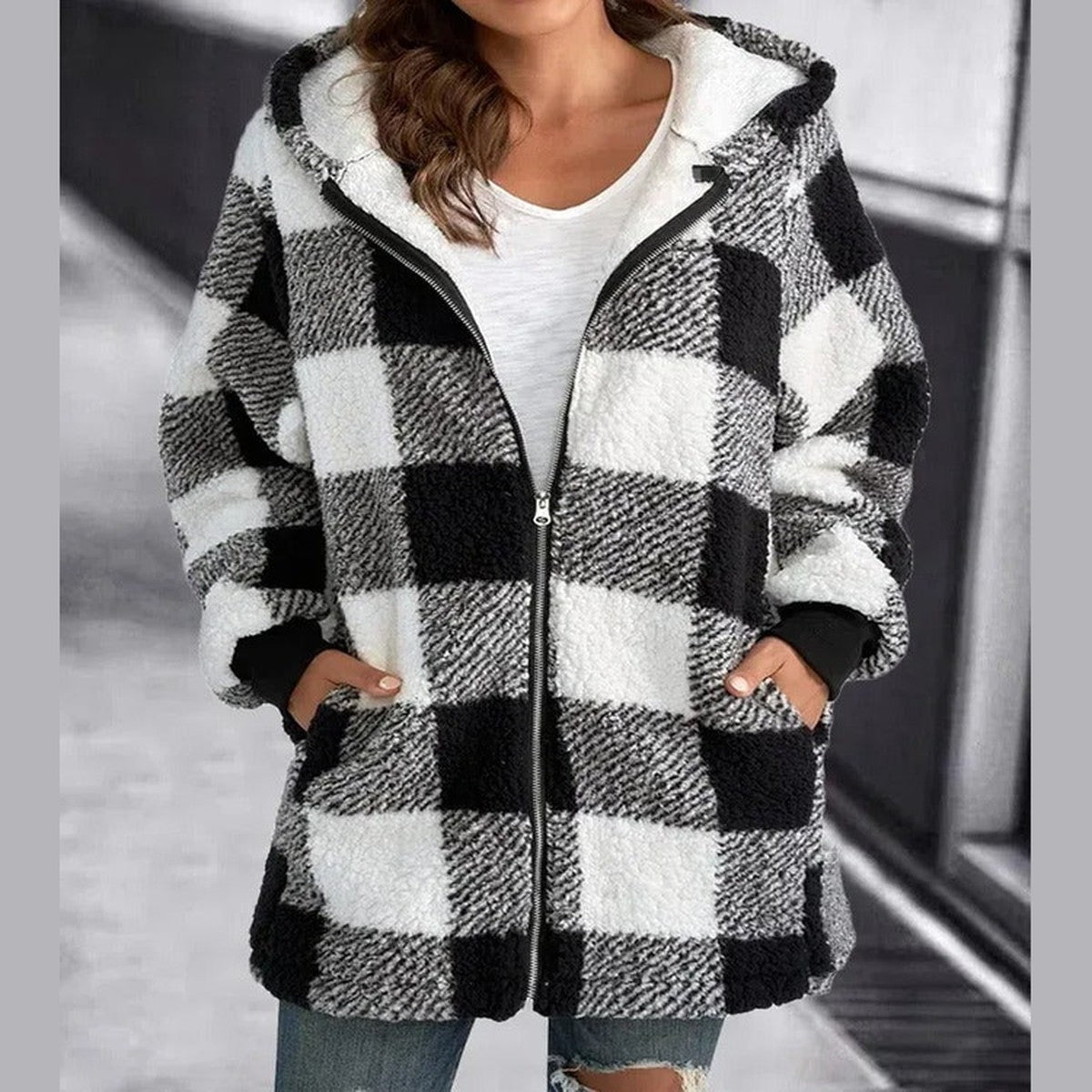 Casual Plaid Zipper Overcoat with Drawstring Hood and Button Trim Pockets