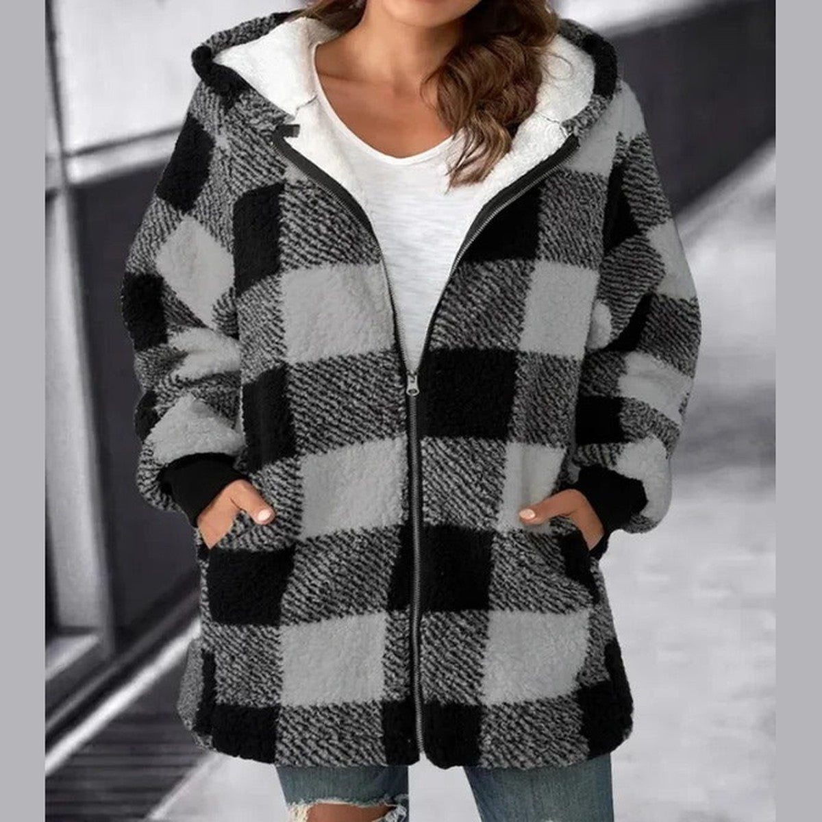 Casual Plaid Zipper Overcoat with Drawstring Hood and Button Trim Pockets