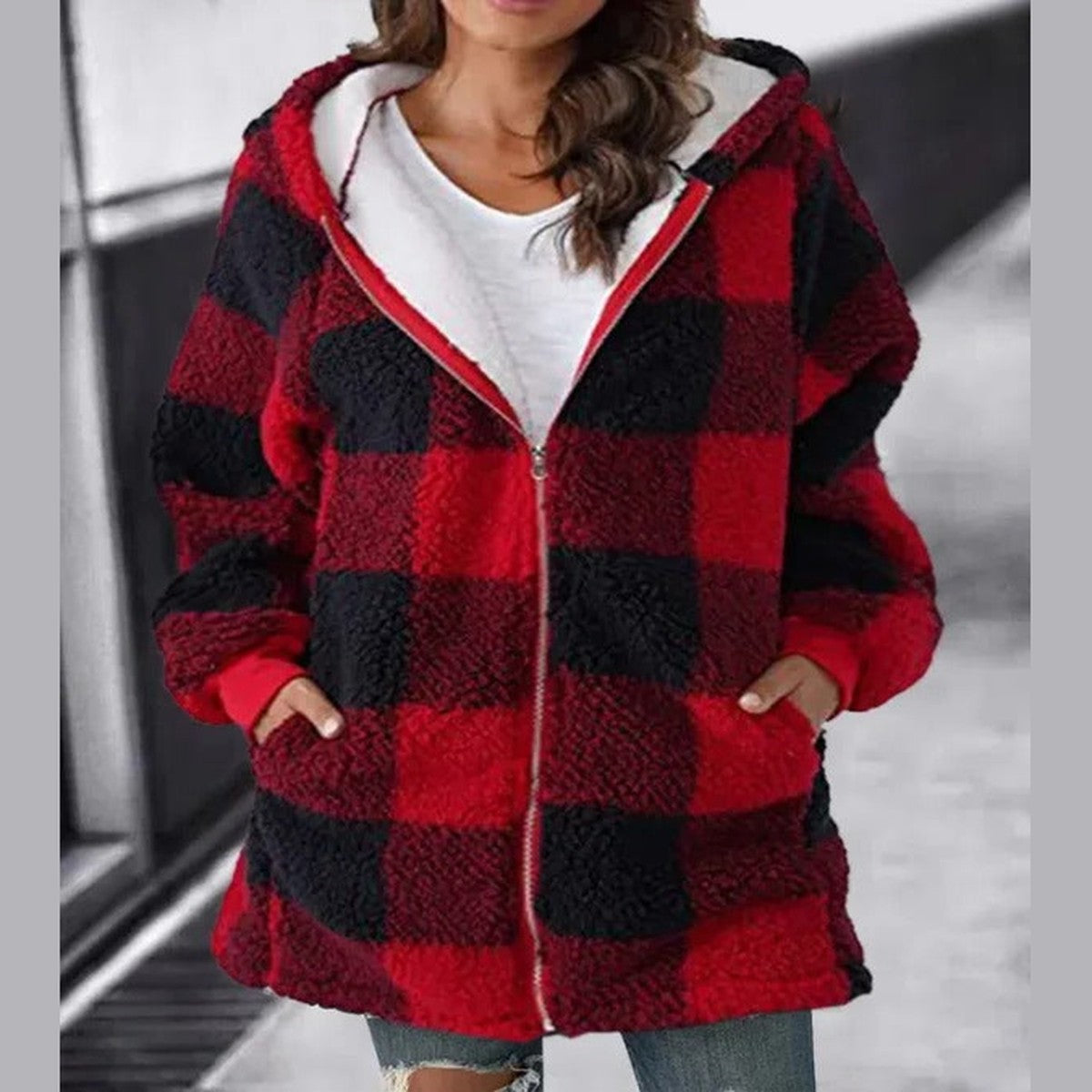 Casual Plaid Zipper Overcoat with Drawstring Hood and Button Trim Pockets