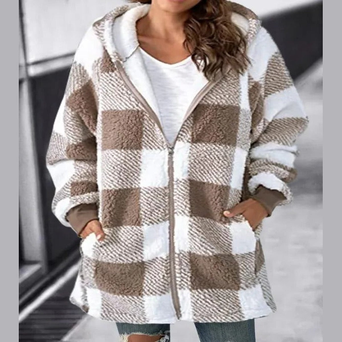 Casual Plaid Zipper Overcoat with Drawstring Hood and Button Trim Pockets