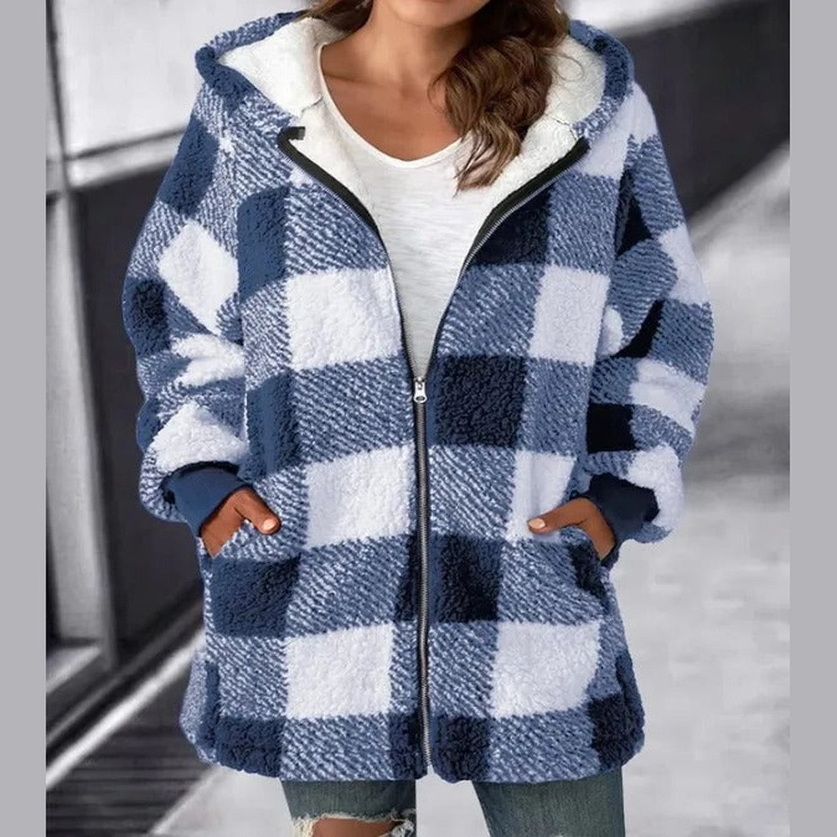 Casual Plaid Zipper Overcoat with Drawstring Hood and Button Trim Pockets