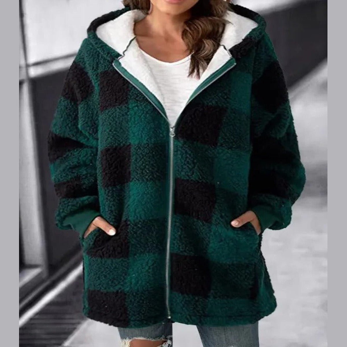 Casual Plaid Zipper Overcoat with Drawstring Hood and Button Trim Pockets