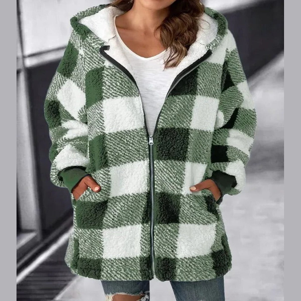 Casual Plaid Zipper Overcoat with Drawstring Hood and Button Trim Pockets