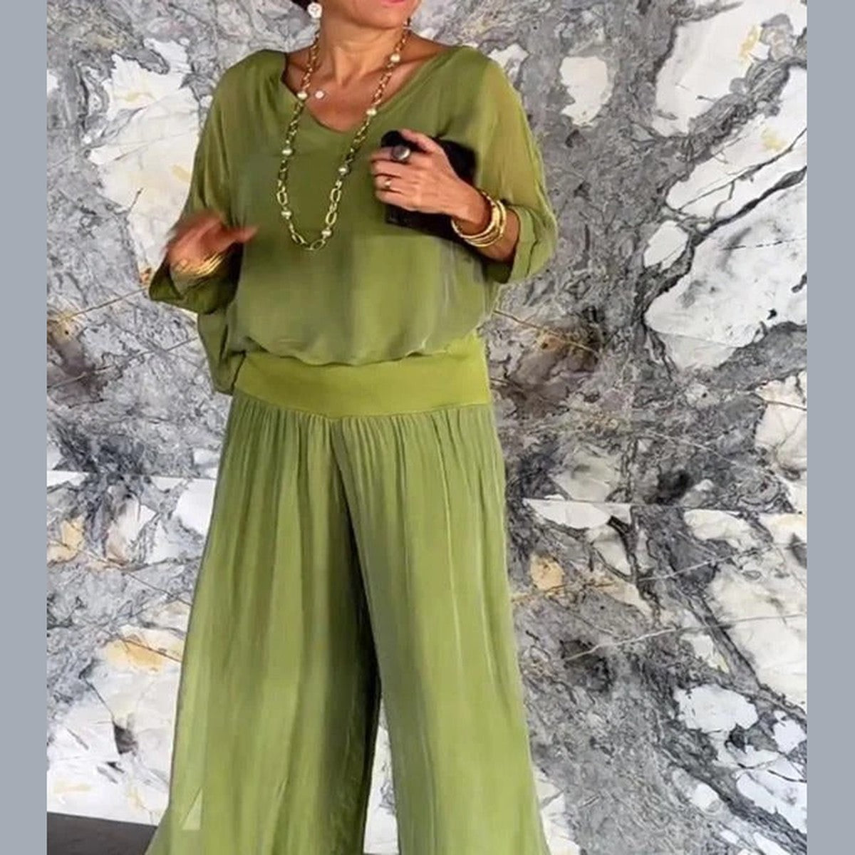 High Waist Wide Leg Chiffon Palazzo Pants with Flowy Layered Overlay