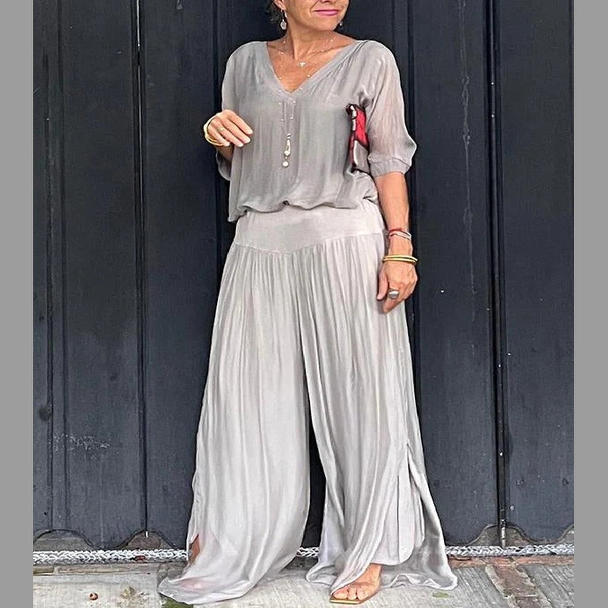High Waist Wide Leg Chiffon Palazzo Pants with Flowy Layered Overlay