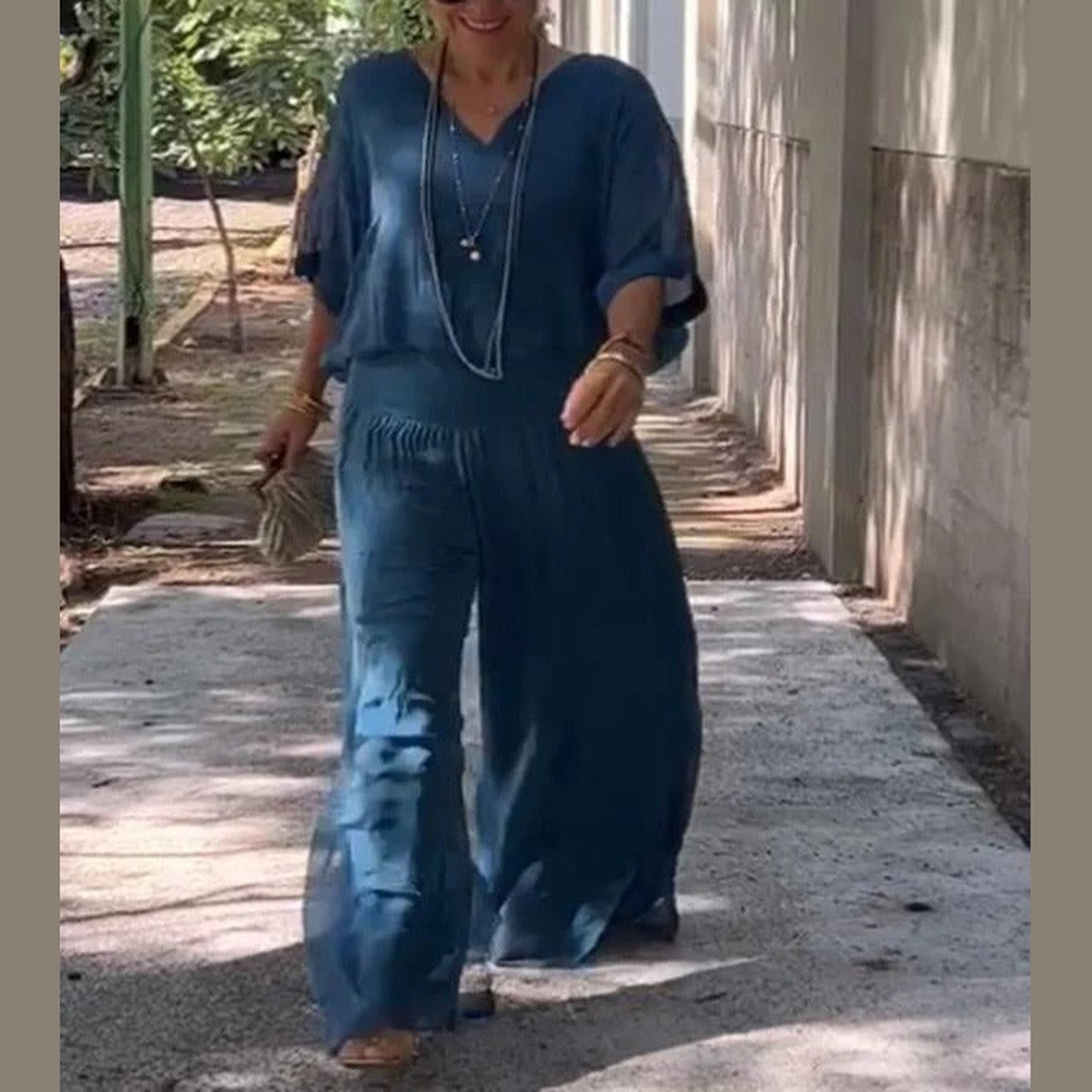 High Waist Wide Leg Chiffon Palazzo Pants with Flowy Layered Overlay