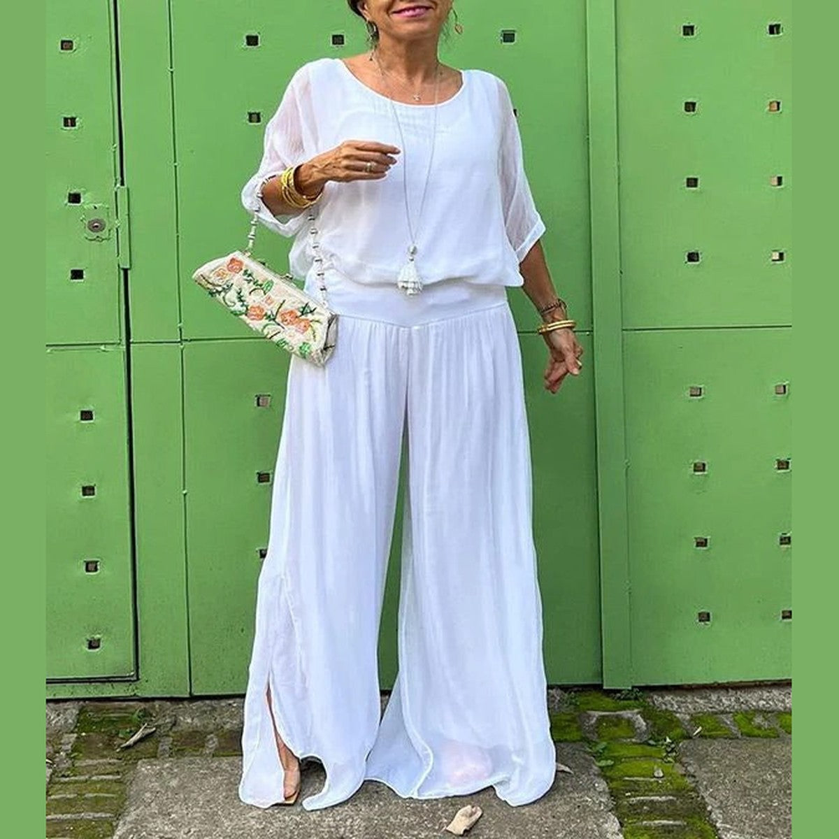 High Waist Wide Leg Chiffon Palazzo Pants with Flowy Layered Overlay
