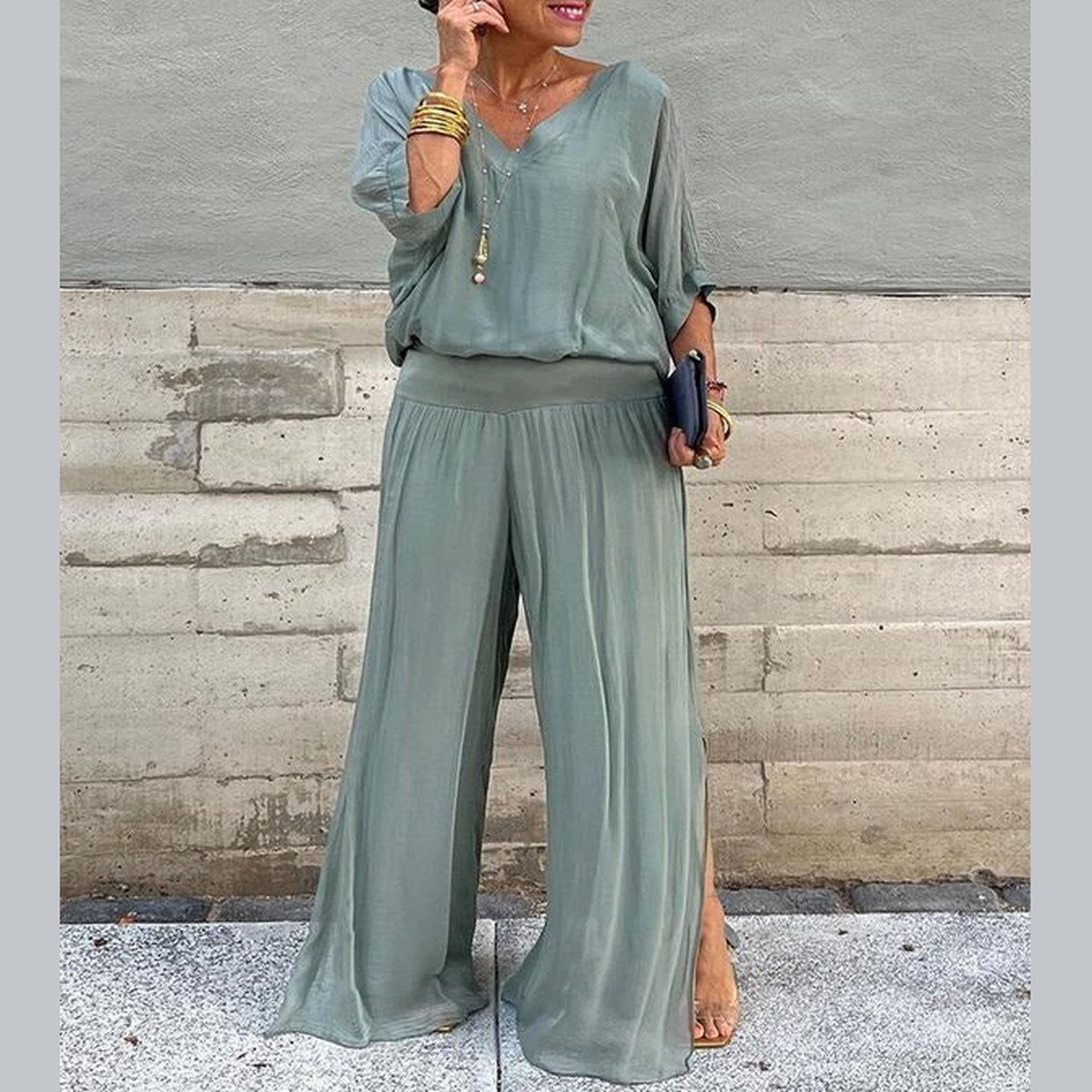 High Waist Wide Leg Chiffon Palazzo Pants with Flowy Layered Overlay