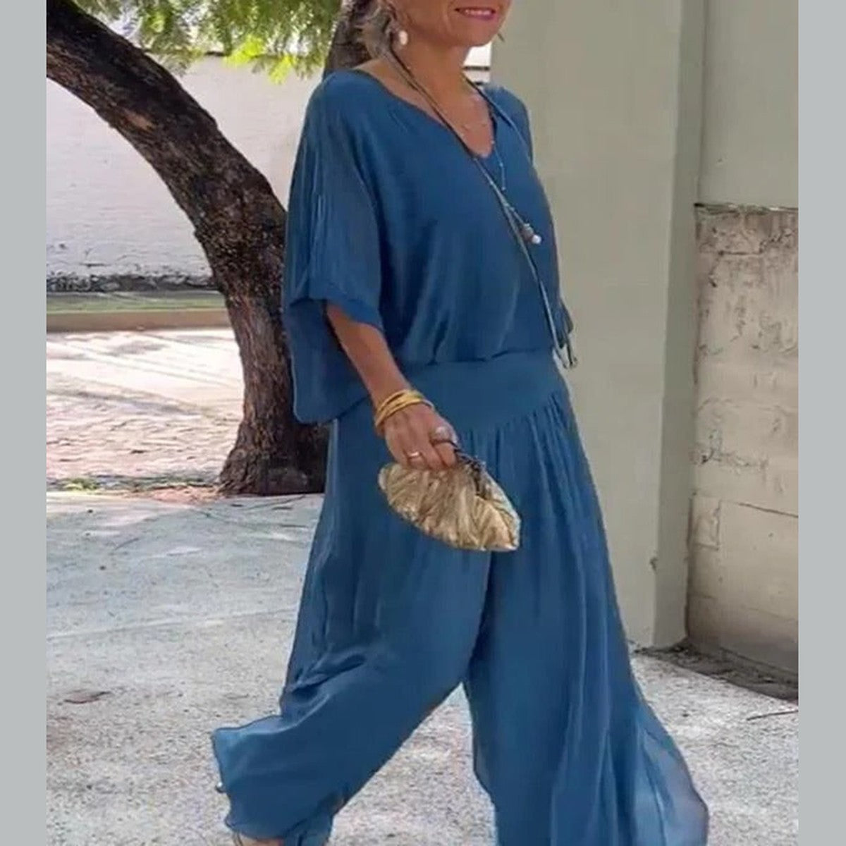 High Waist Wide Leg Chiffon Palazzo Pants with Flowy Layered Overlay