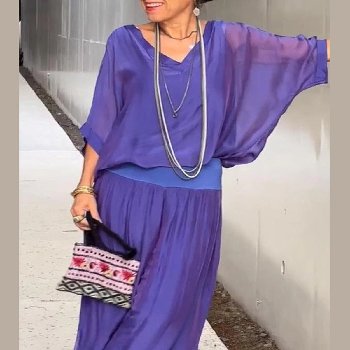 High Waist Wide Leg Chiffon Palazzo Pants with Flowy Layered Overlay