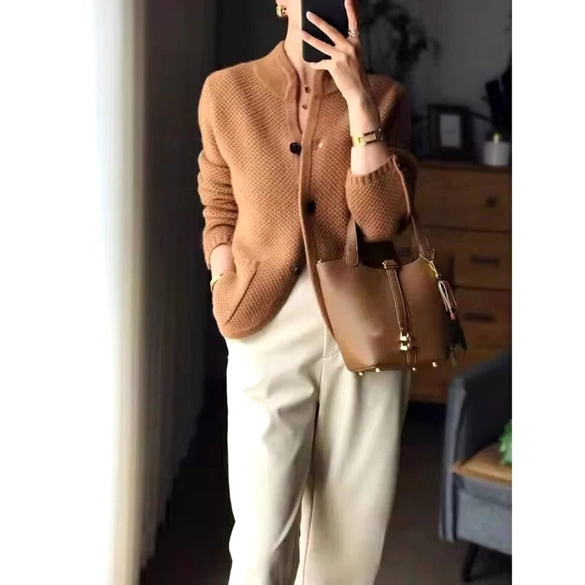 Chunky Cable Knit Cardigan Coat with Button Front Closure and Shawl Collar