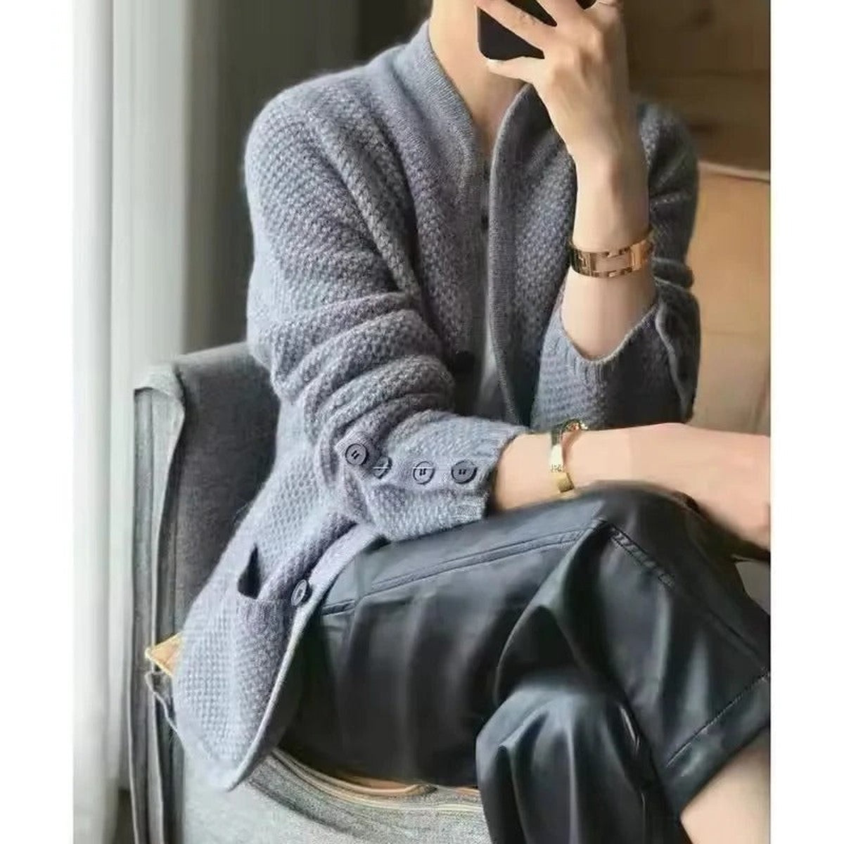 Chunky Cable Knit Cardigan Coat with Button Front Closure and Shawl Collar