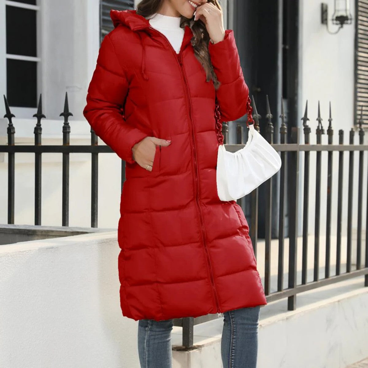 Women Long Down Puffer Parka with Removable Faux Fur Hood Trim