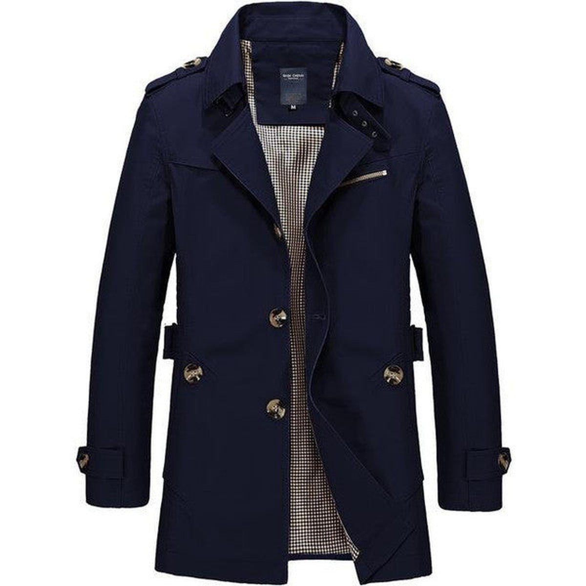 Double Breasted Long Trench Coat with Waist Belt and Lapel Collar