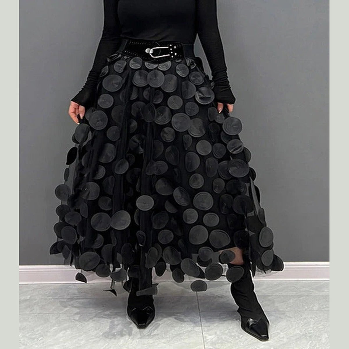 High Waist a Line Midi Skirt with Layered Polka Dot Mesh Tulle
