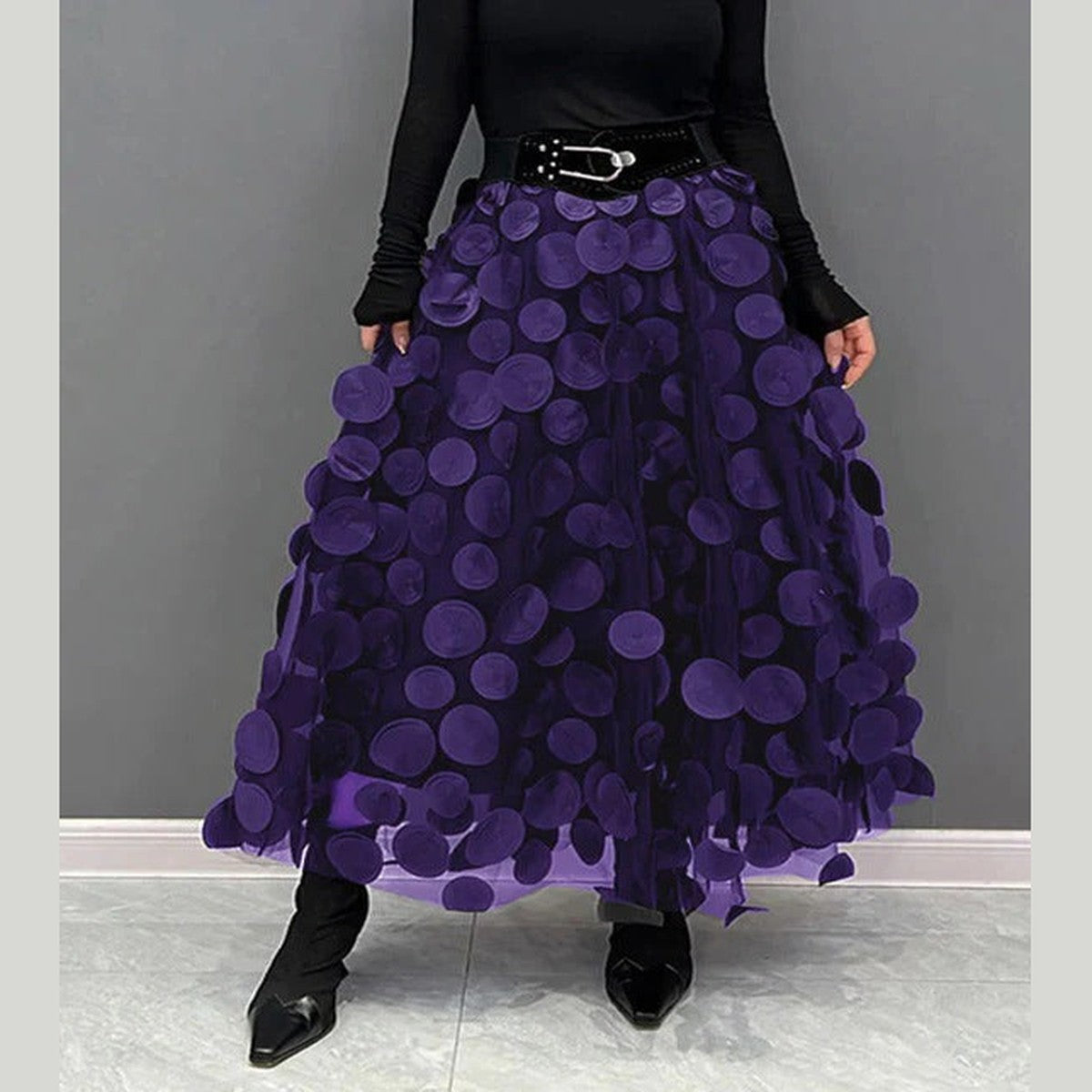 High Waist a Line Midi Skirt with Layered Polka Dot Mesh Tulle