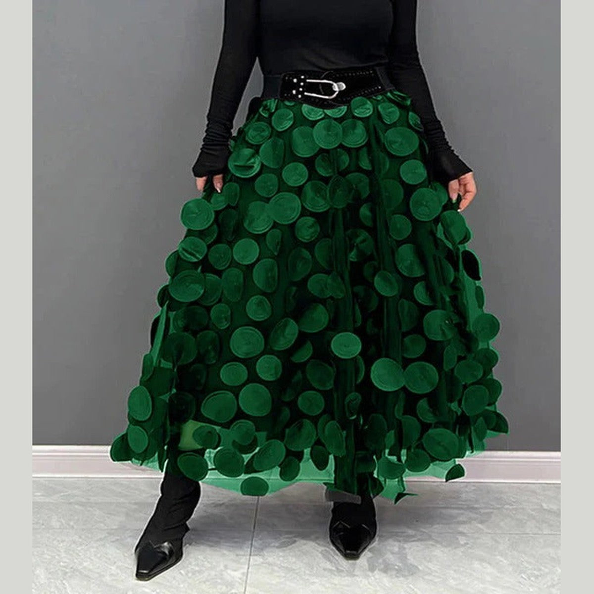 High Waist a Line Midi Skirt with Layered Polka Dot Mesh Tulle