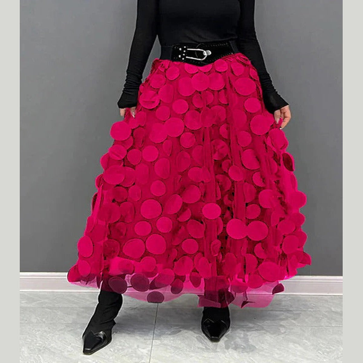 High Waist a Line Midi Skirt with Layered Polka Dot Mesh Tulle