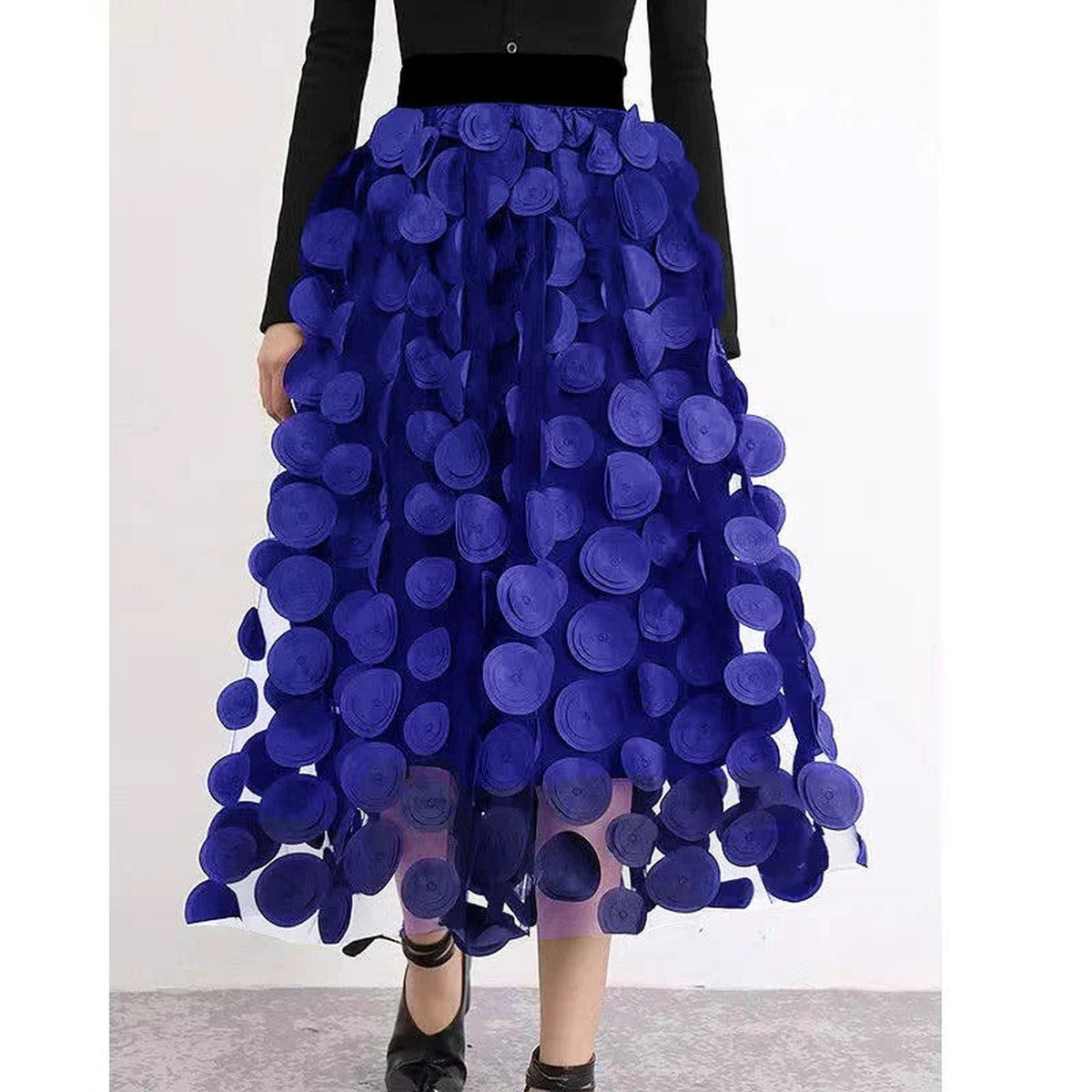 High Waist a Line Midi Skirt with Layered Polka Dot Mesh Tulle