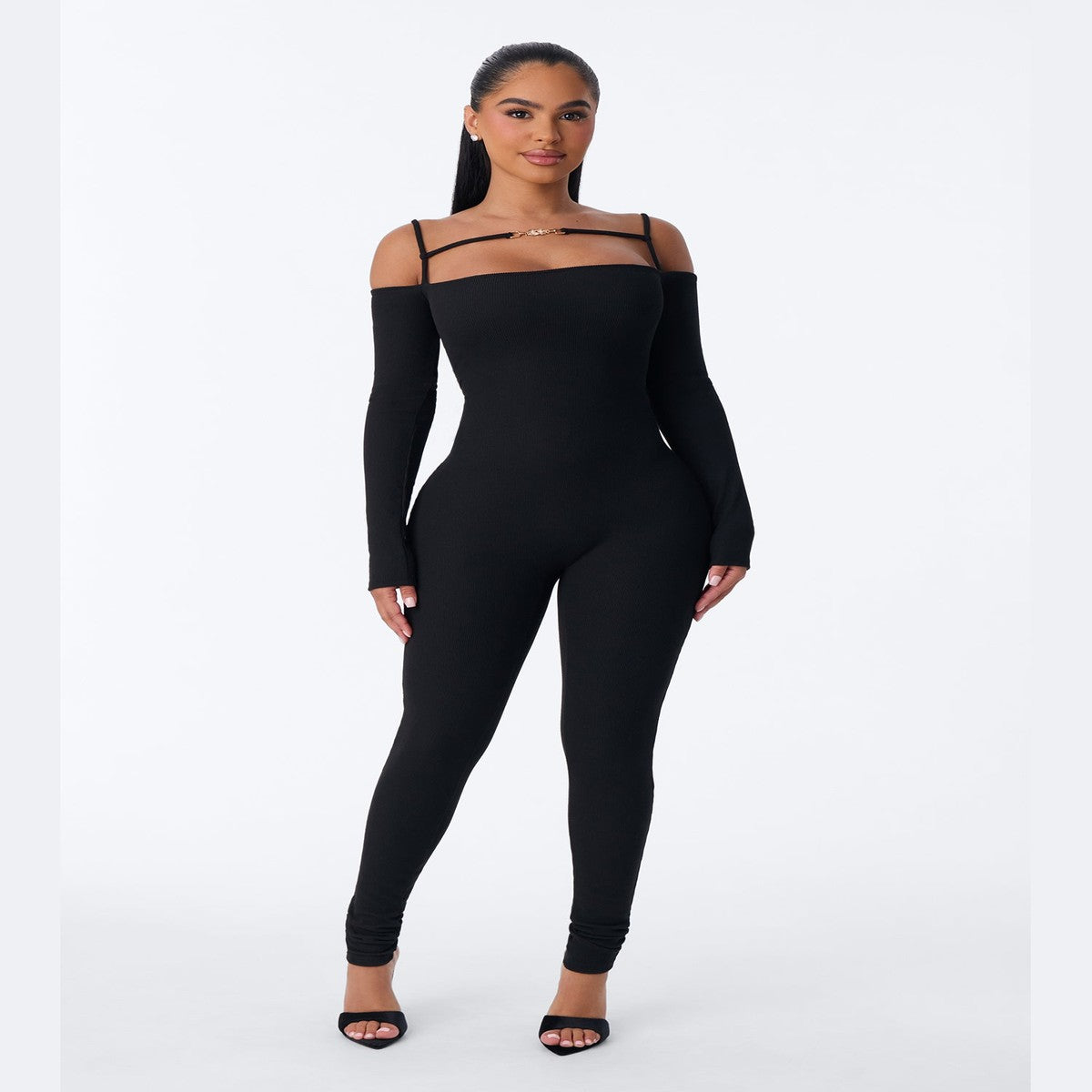 Black Ribbed Catsuit with Sleeveless Tank Top and Full Ankle Coverage