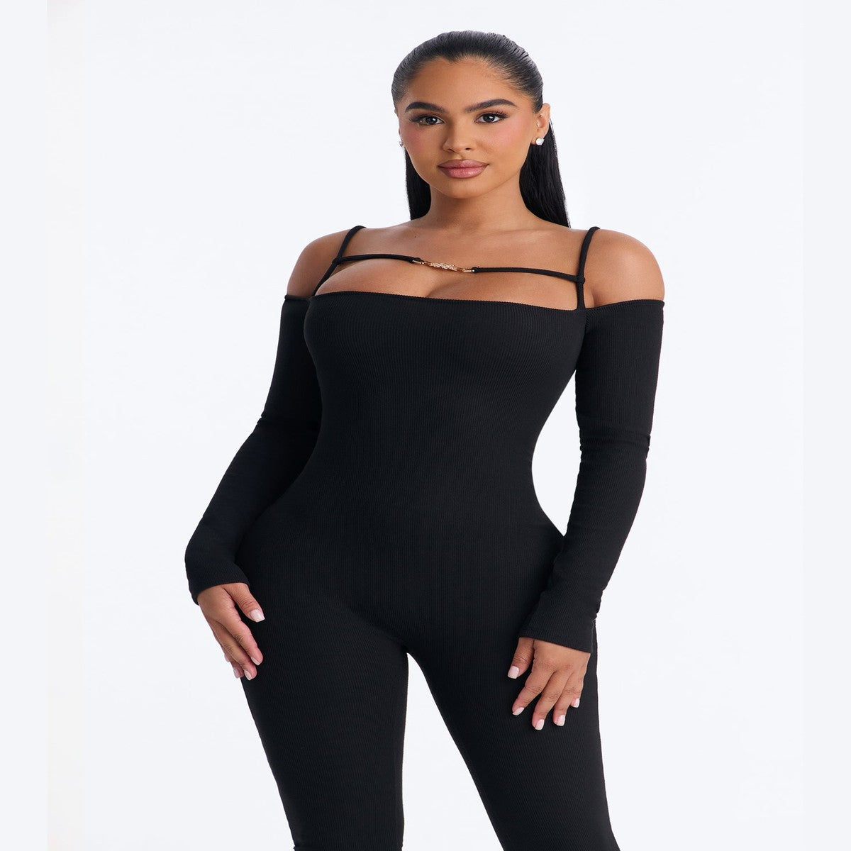 Black Ribbed Catsuit with Sleeveless Tank Top and Full Ankle Coverage