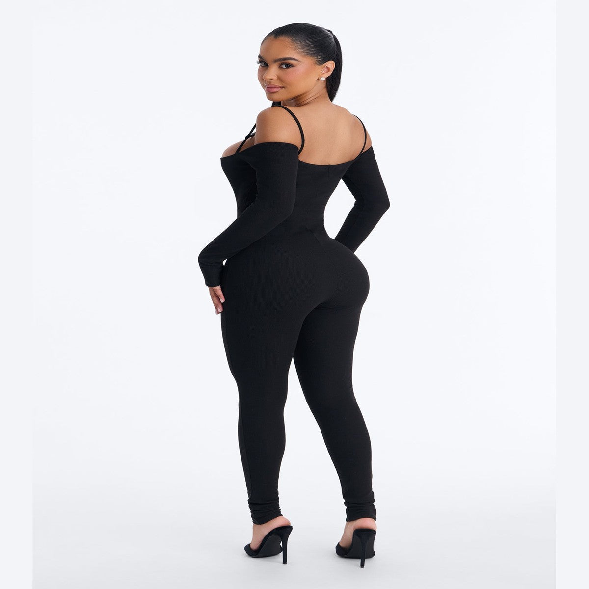 Black Ribbed Catsuit with Sleeveless Tank Top and Full Ankle Coverage
