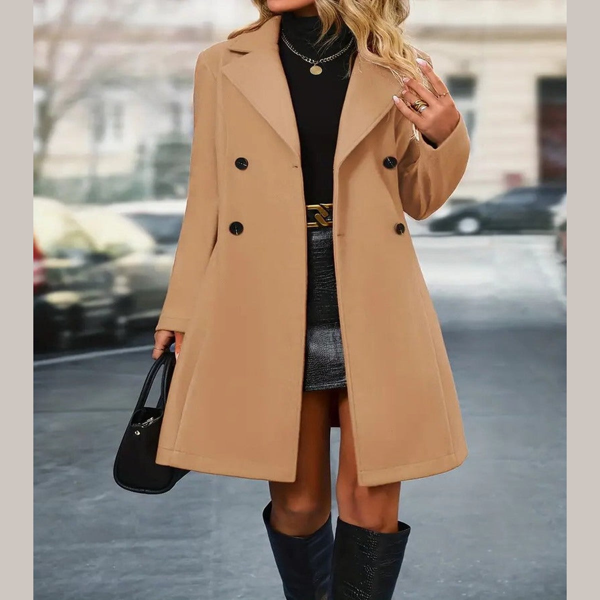 Women Double Breasted Mid Length Trench Coat with Waist Belt and Notched Lapels