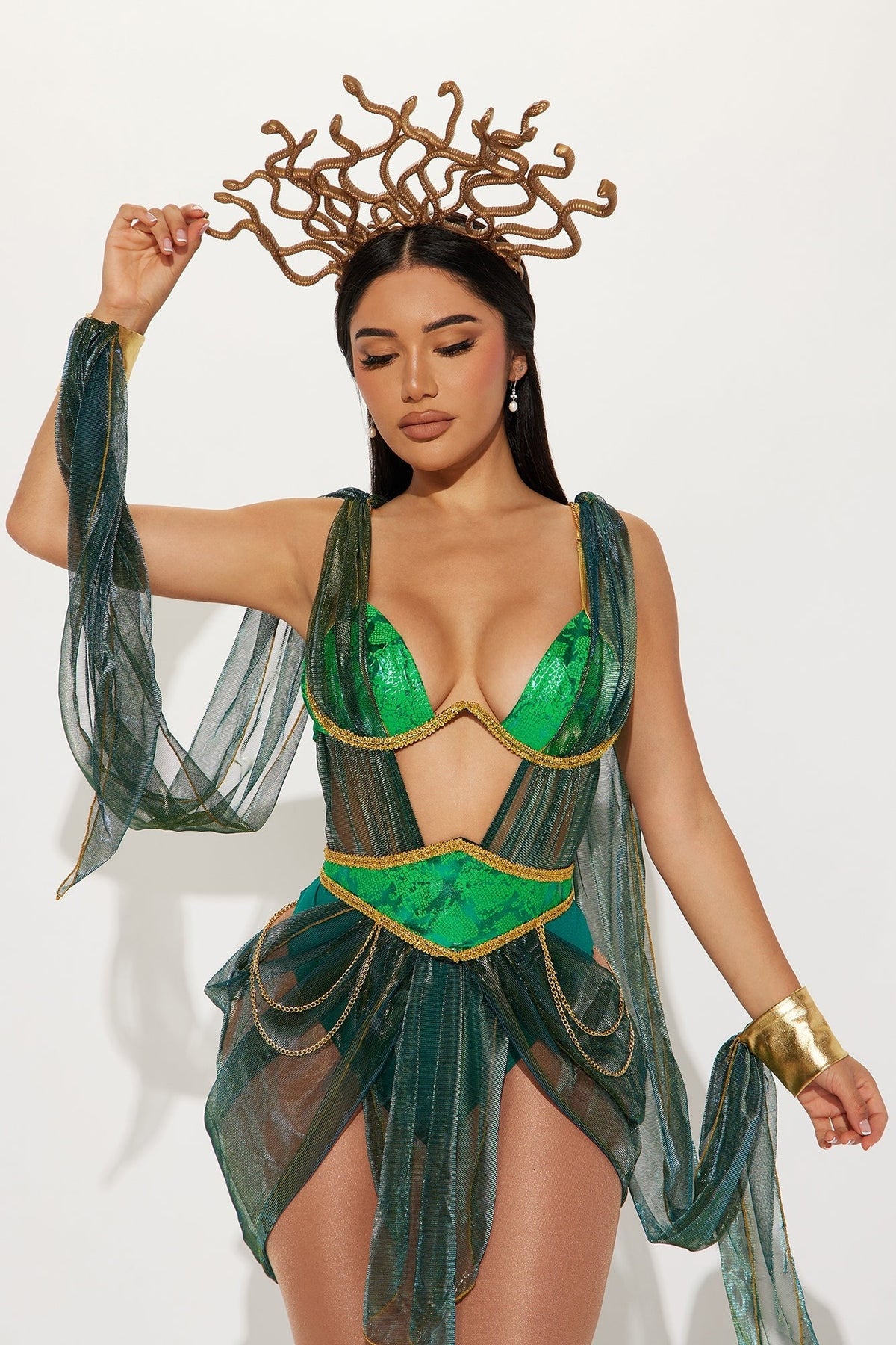 Mythological Snake Goddess Halloween Costume with Metallic Scale Print and Serpent Headpiece