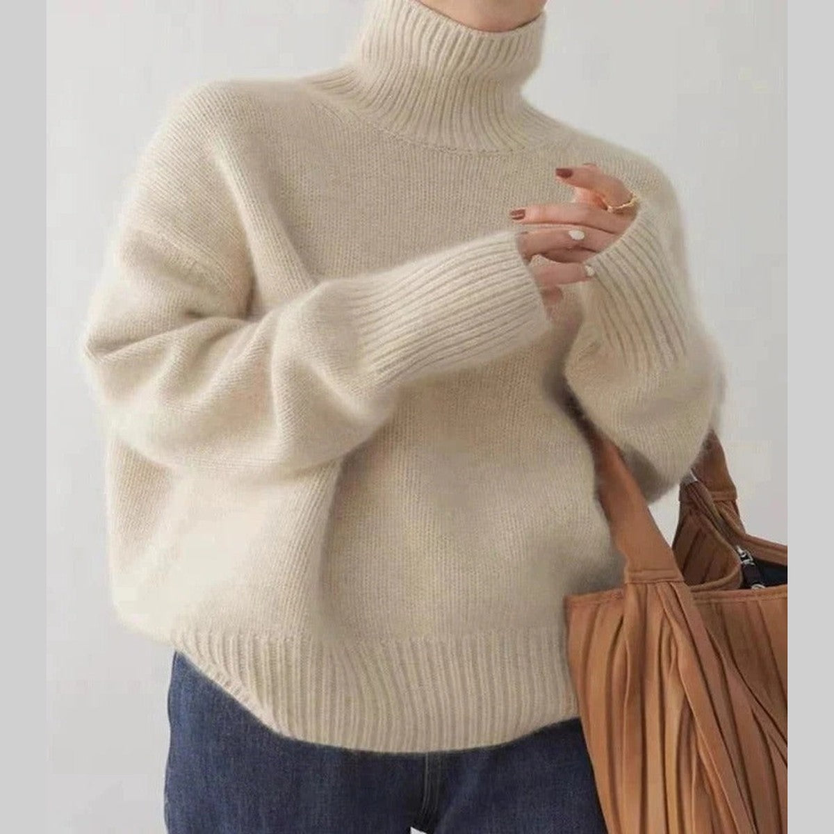Chunky Knit High Neck Sweater with Long Sleeves and Ribbed Texture