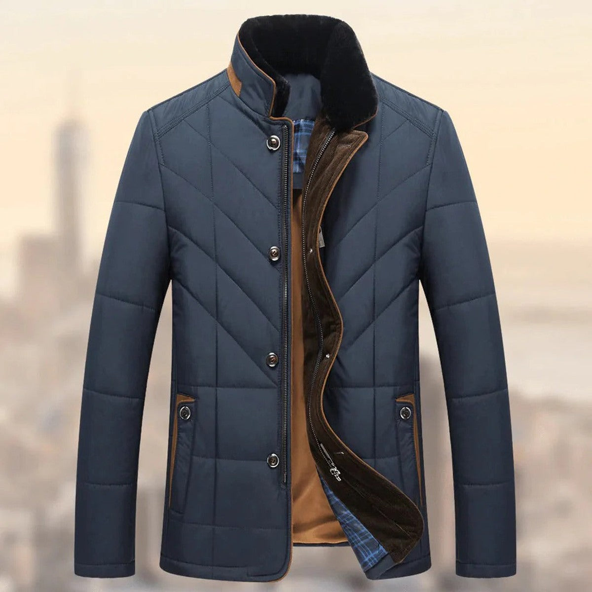 Mens Long Wool Blend Overcoat with Notched Collar and Button Closure