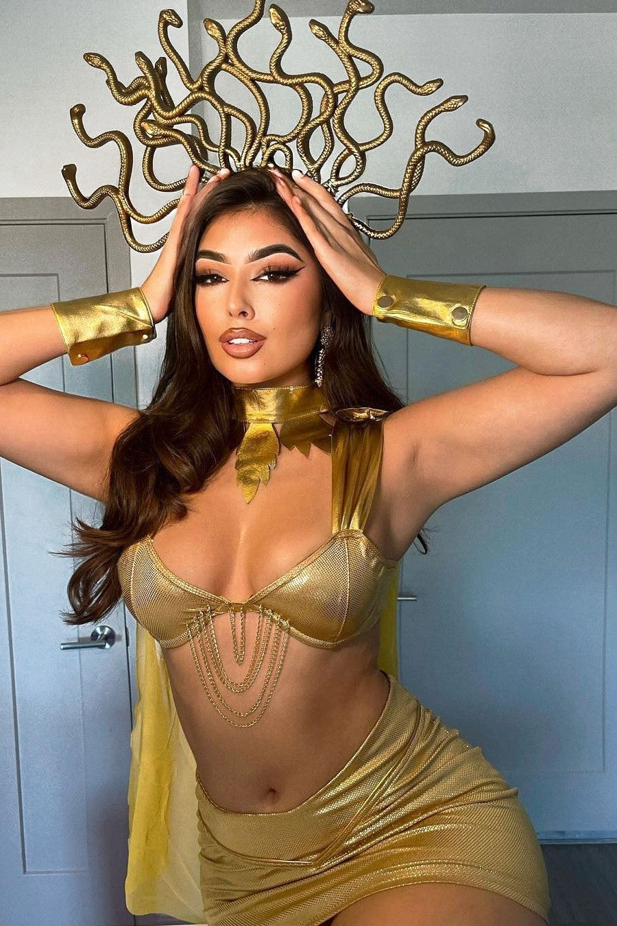 Mythological 5-Piece Costume Set with Snake Headpiece and Metallic Gold Finish