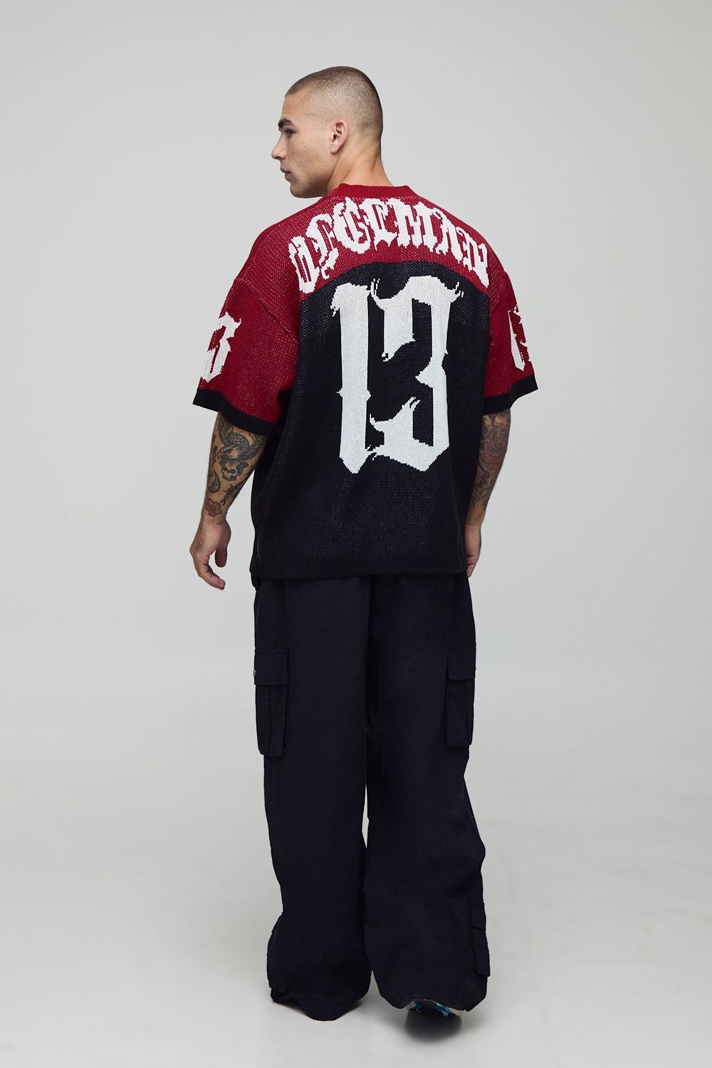 Long Sleeve Knitted Skeleton Jersey Top with Striped V Neck Detail