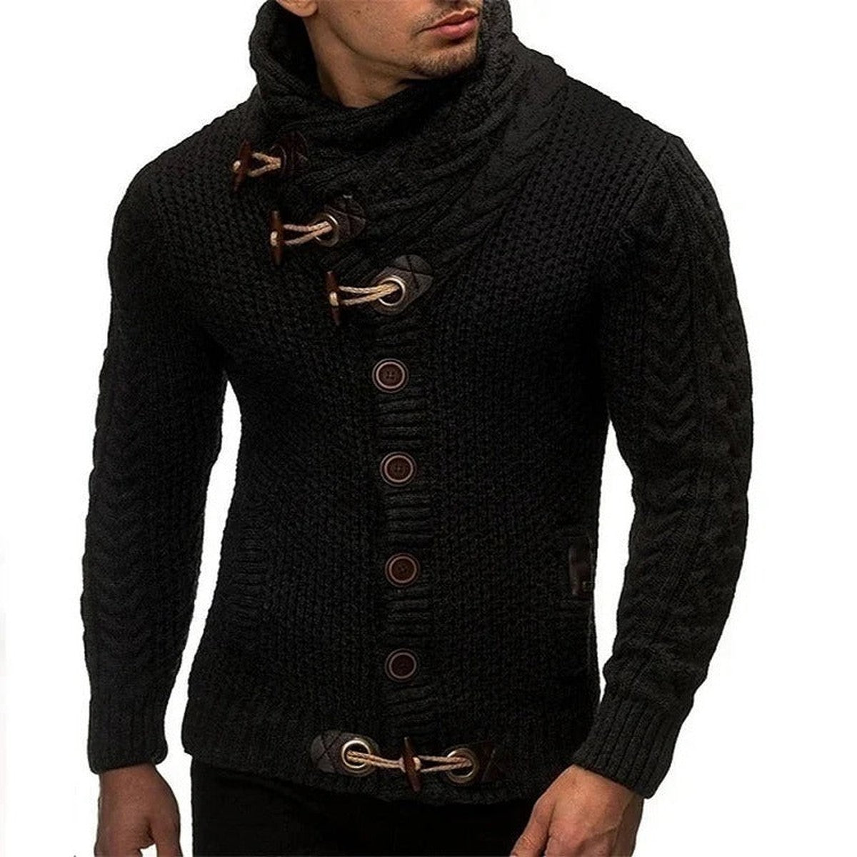 Chunky Knit Hooded Cardigan Coat with Horn Toggle Buttons and Front Pockets