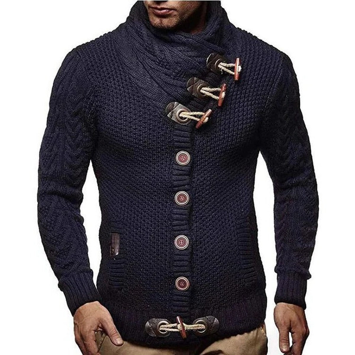 Chunky Knit Hooded Cardigan Coat with Horn Toggle Buttons and Front Pockets
