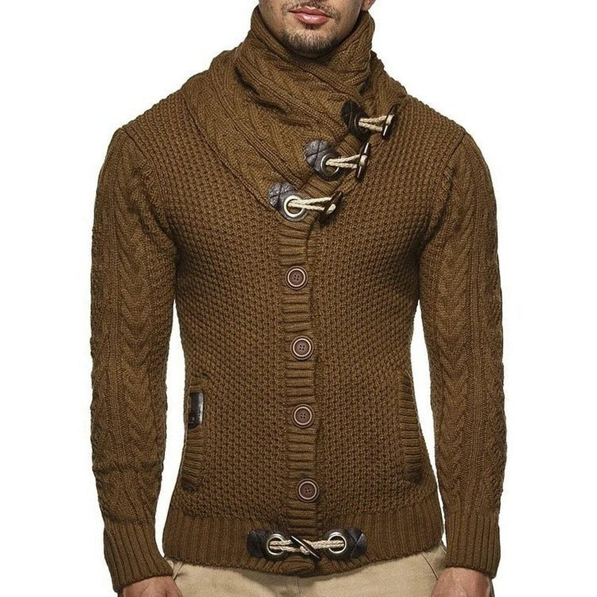 Chunky Knit Hooded Cardigan Coat with Horn Toggle Buttons and Front Pockets