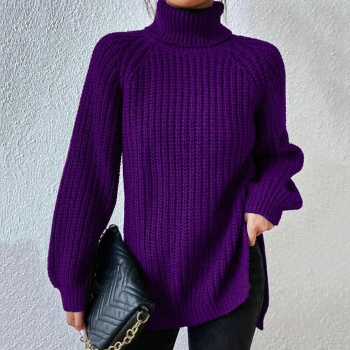 Long Sleeve Turtleneck Knit Pullover Sweater with Ribbed Texture and Classic Fit