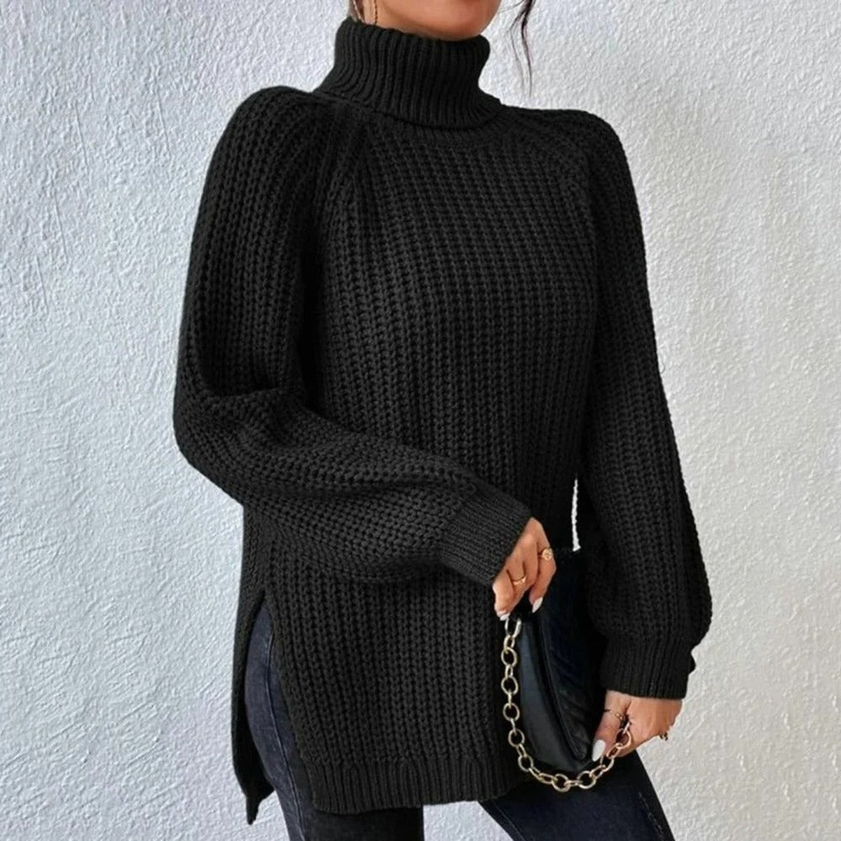 Long Sleeve Turtleneck Knit Pullover Sweater with Ribbed Texture and Classic Fit