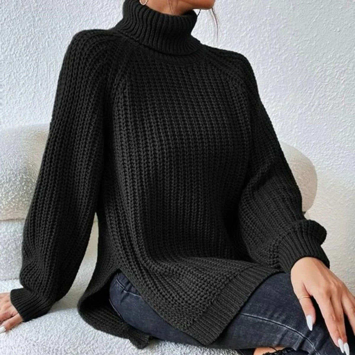 Long Sleeve Turtleneck Knit Pullover Sweater with Ribbed Texture and Classic Fit