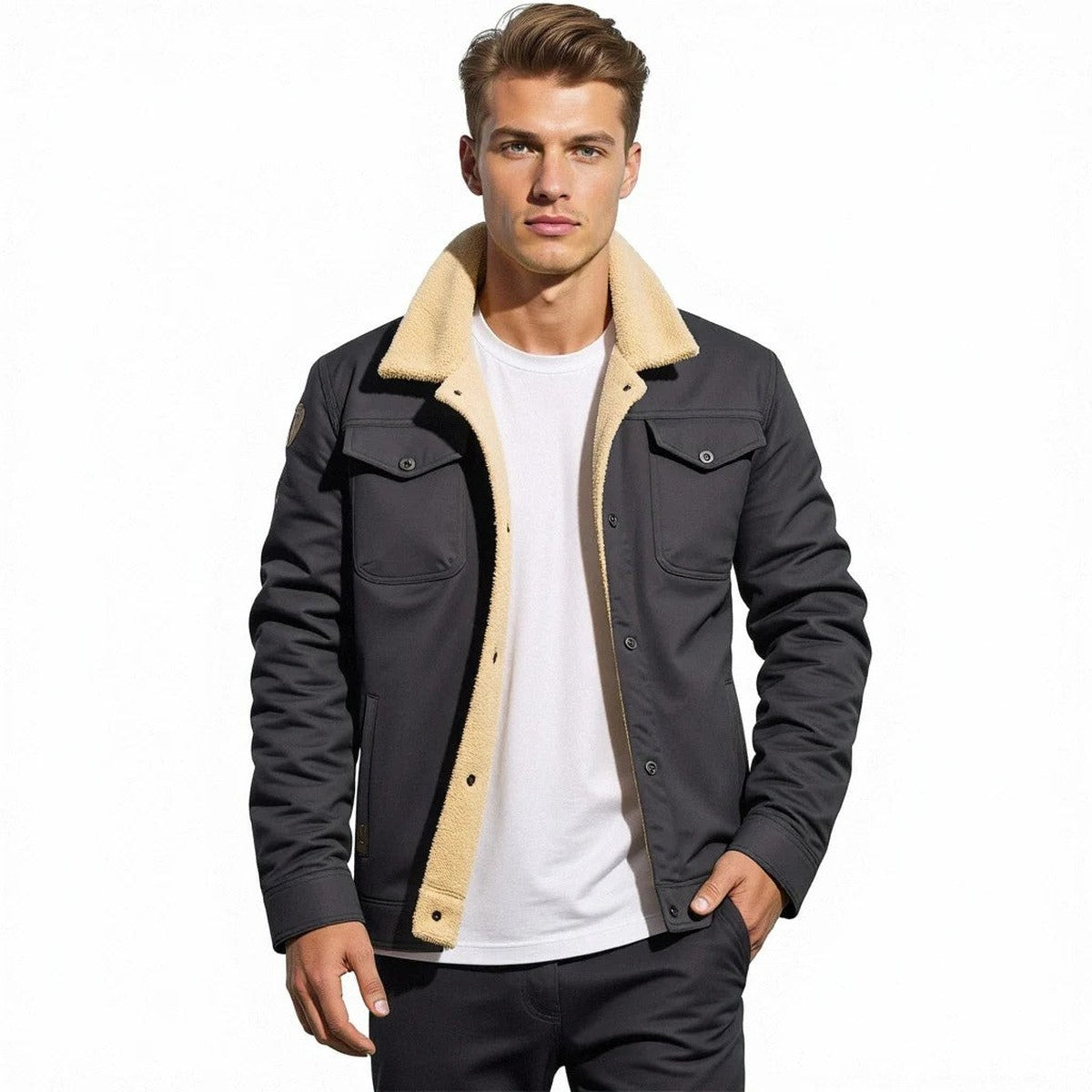 Men Lightweight Casual Bomber Jacket with Ribbed Collar and Sleeve Pocket