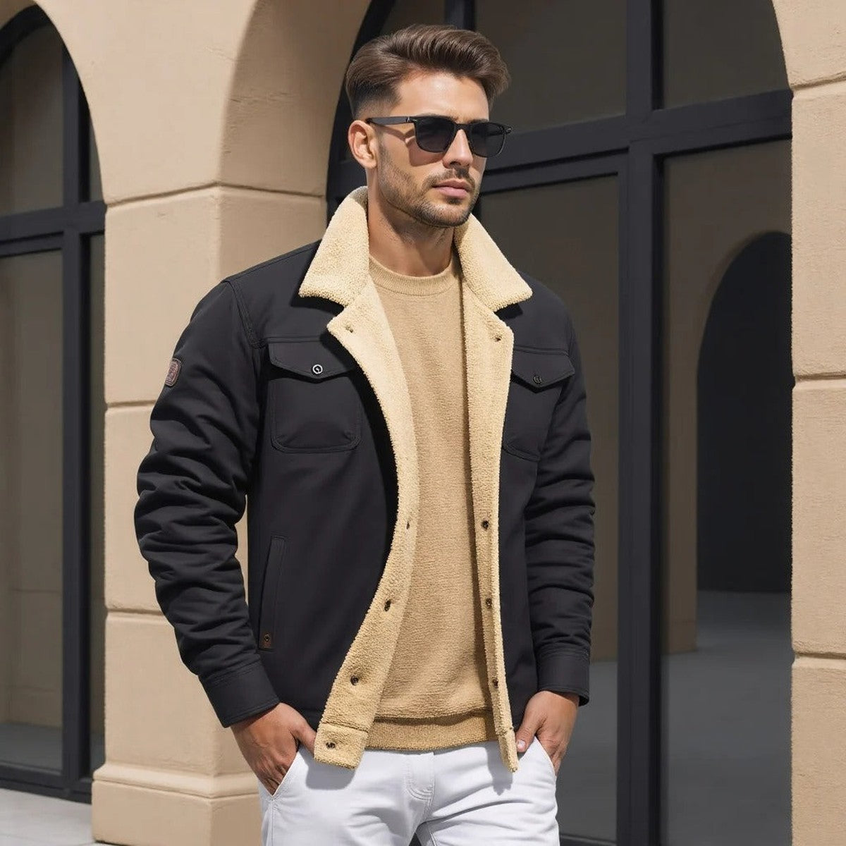 Men Lightweight Casual Bomber Jacket with Ribbed Collar and Sleeve Pocket