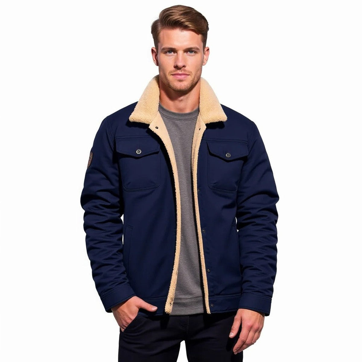 Men Lightweight Casual Bomber Jacket with Ribbed Collar and Sleeve Pocket