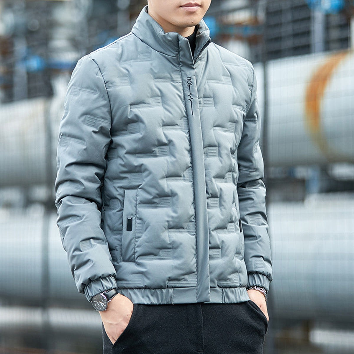 Men Lightweight Quilted Puffer Jacket with Stand Collar and Full Zip Closure