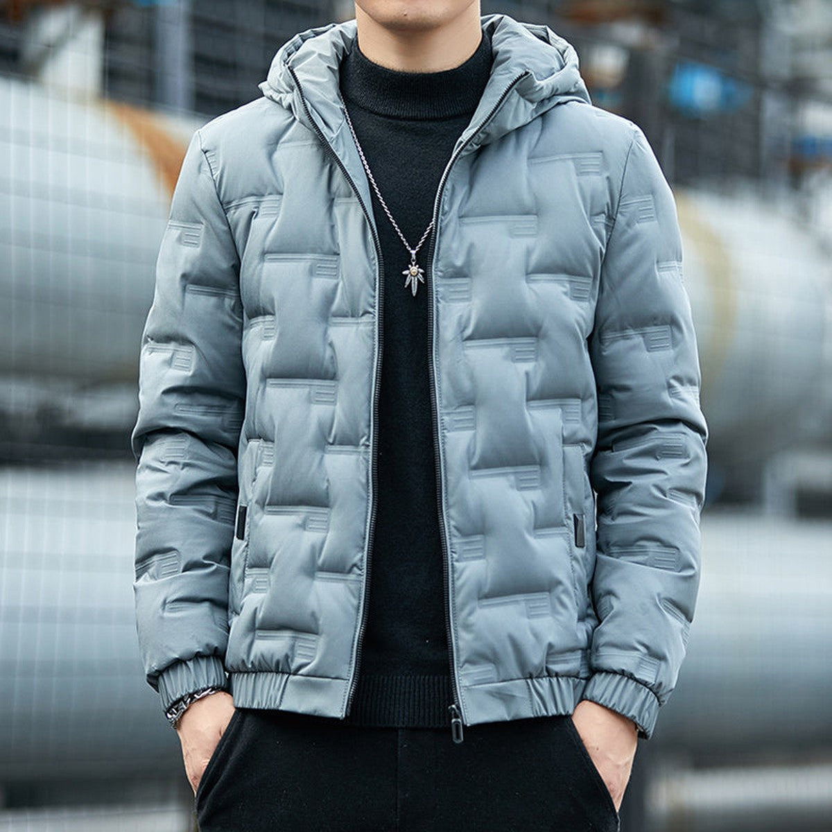 Men Lightweight Quilted Puffer Jacket with Stand Collar and Full Zip Closure