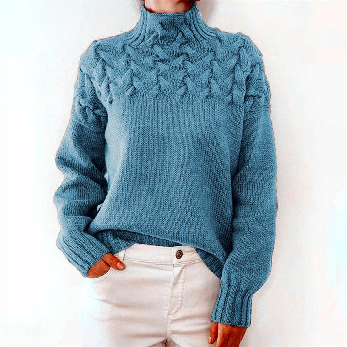 Long Sleeve Knitted Turtleneck Pullover Sweater with Ribbed Trim