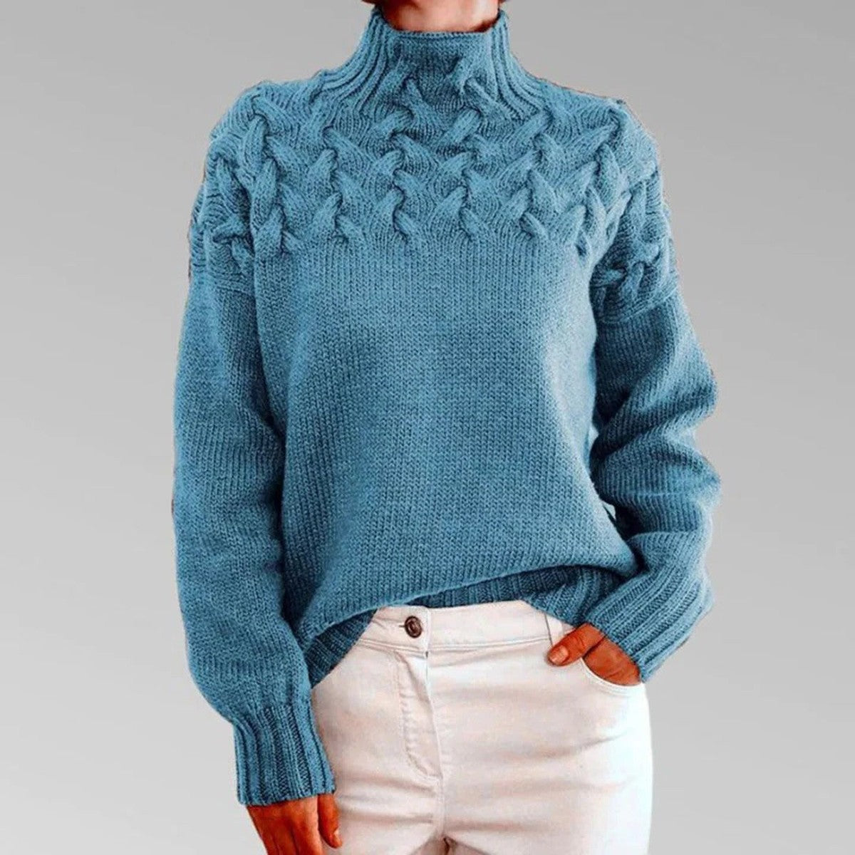 Long Sleeve Knitted Turtleneck Pullover Sweater with Ribbed Trim