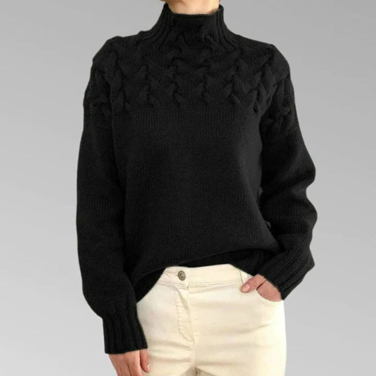 Long Sleeve Knitted Turtleneck Pullover Sweater with Ribbed Trim