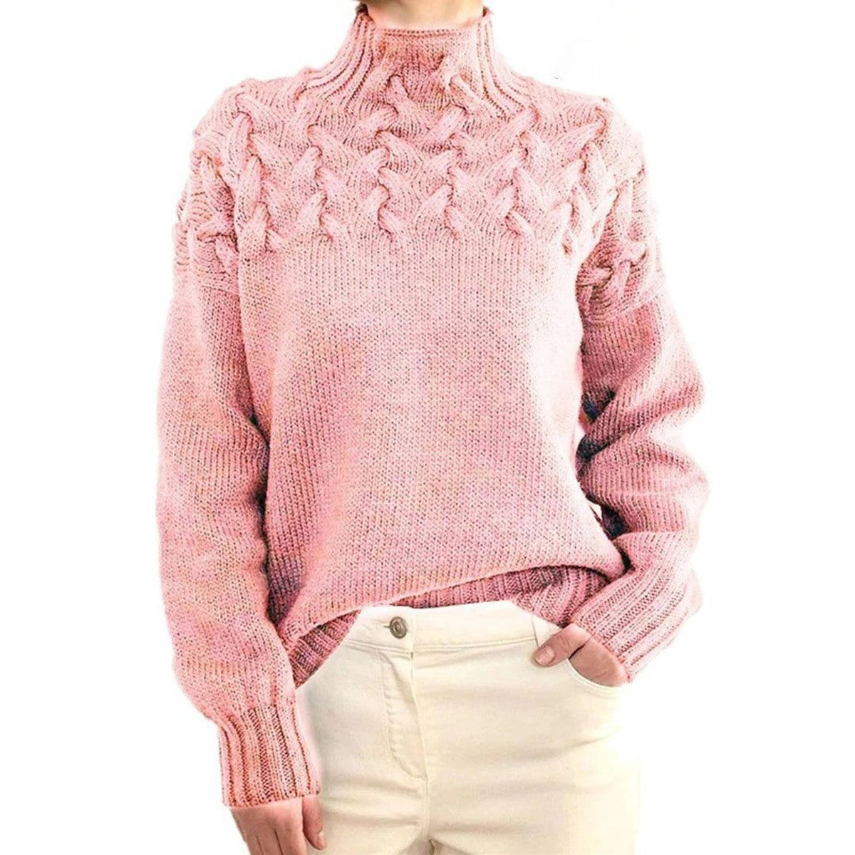 Long Sleeve Knitted Turtleneck Pullover Sweater with Ribbed Trim