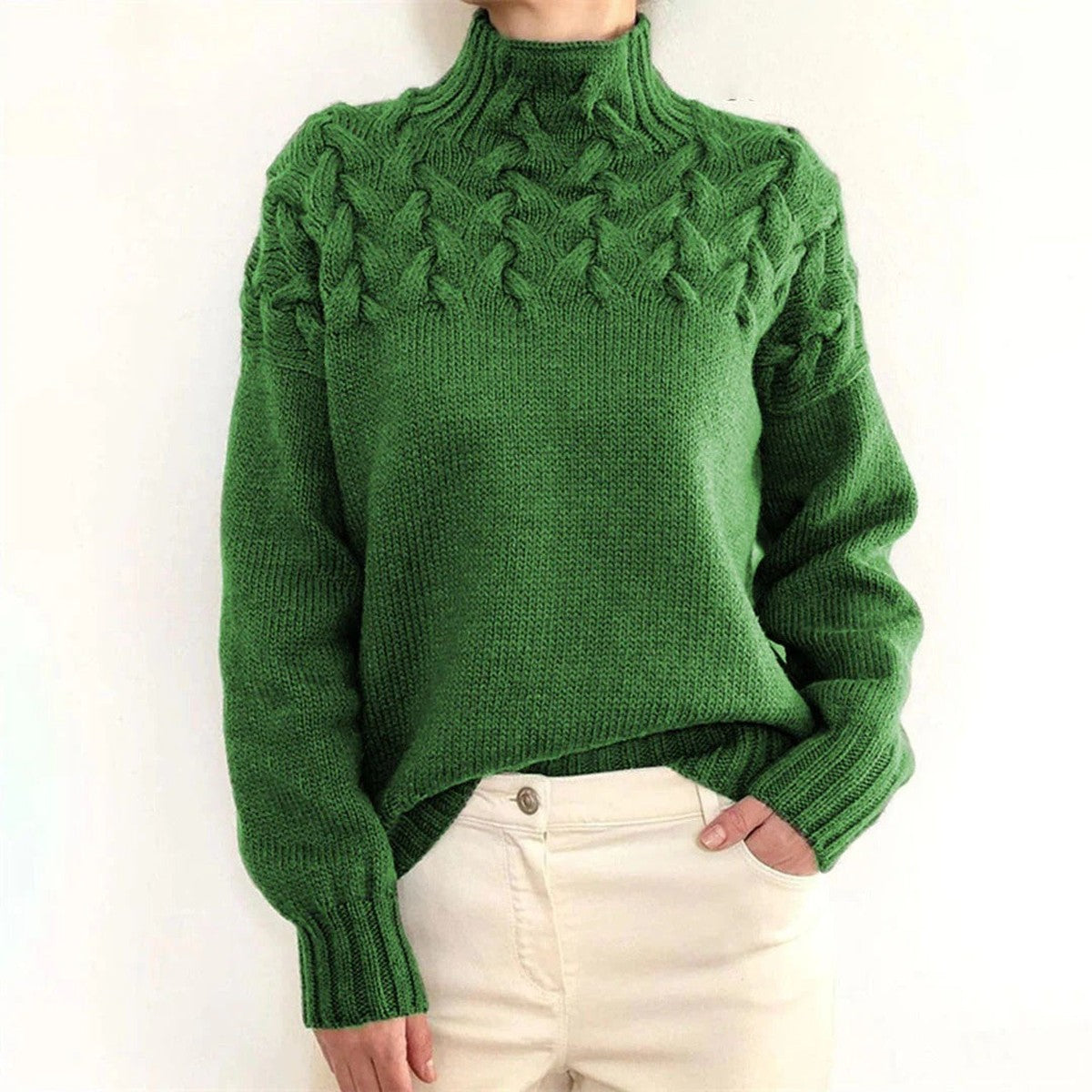 Long Sleeve Knitted Turtleneck Pullover Sweater with Ribbed Trim